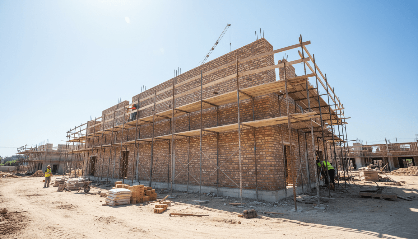construction site with brick wall and scaffolding under clear sky
