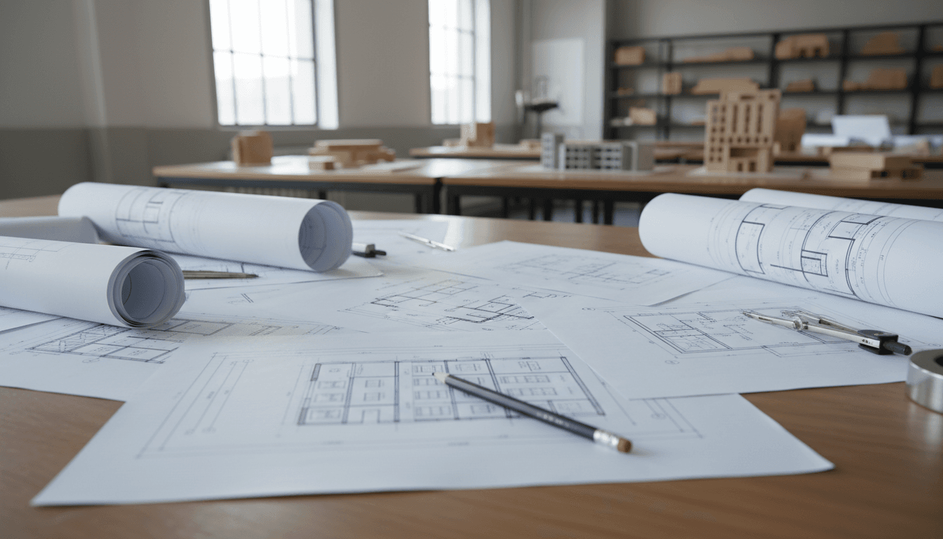 Building plans on a table
