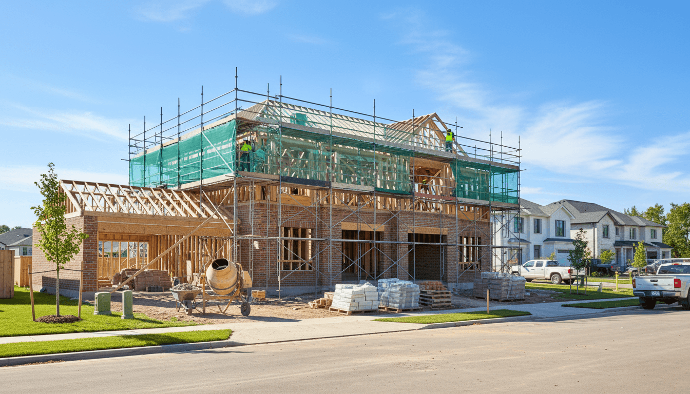 New house under construction with scaffolding and brickwork in a suburban area