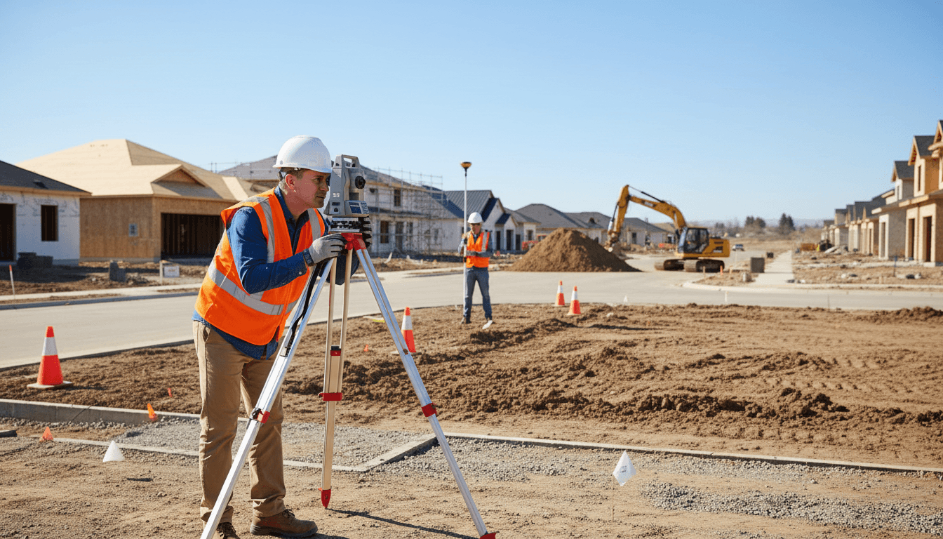 Construction workers framing residential building with exposed wooden beams under golden afternoon sunlight on active job site