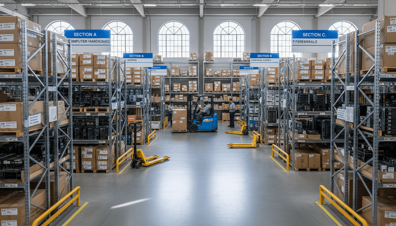 Shelving unit stacked with cardboard boxes for online retail orders