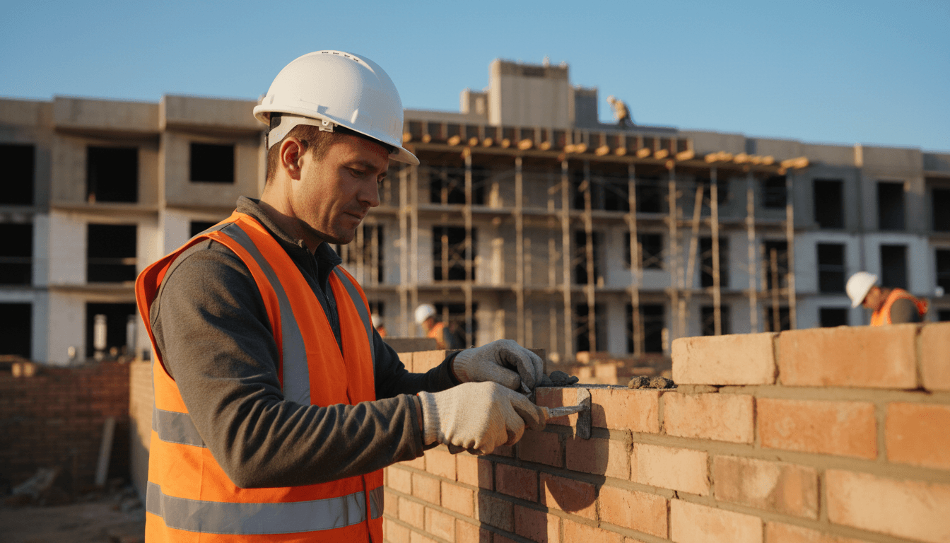 Domestic house construction site with brick walls and scaffolding