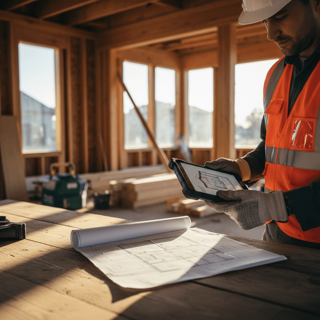 Builder in hard hat with clipboard and blueprints on a construction site