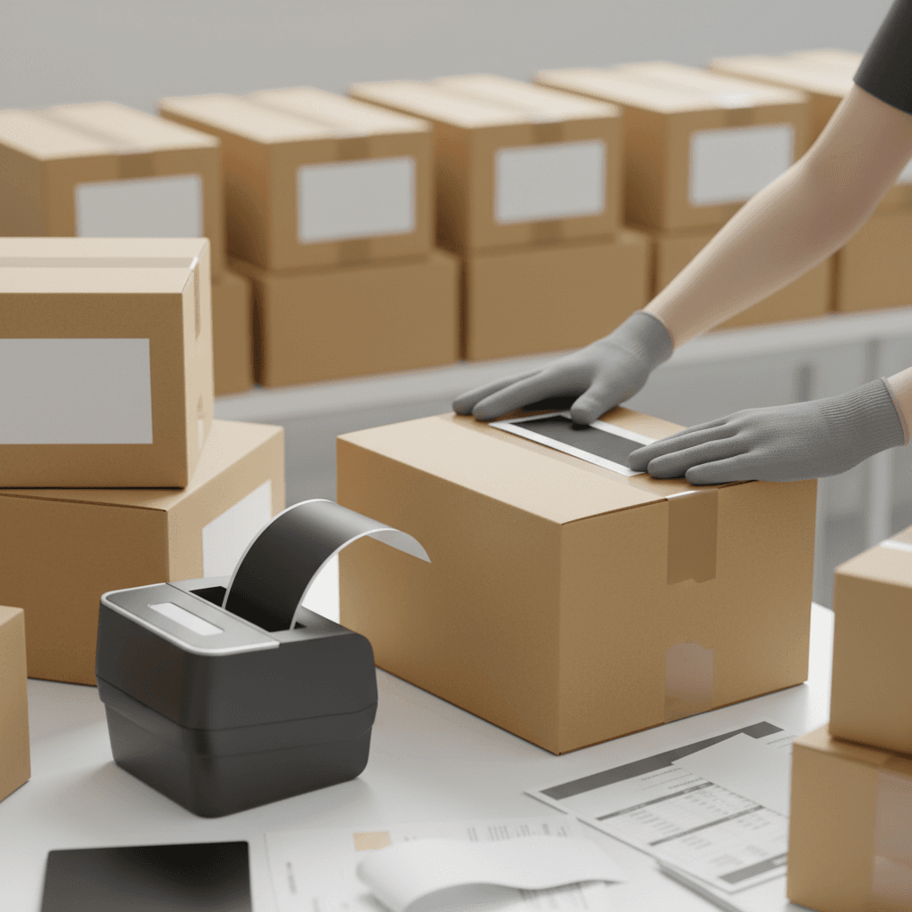 Packing station with shipping labels and a tape dispenser for e-commerce orders