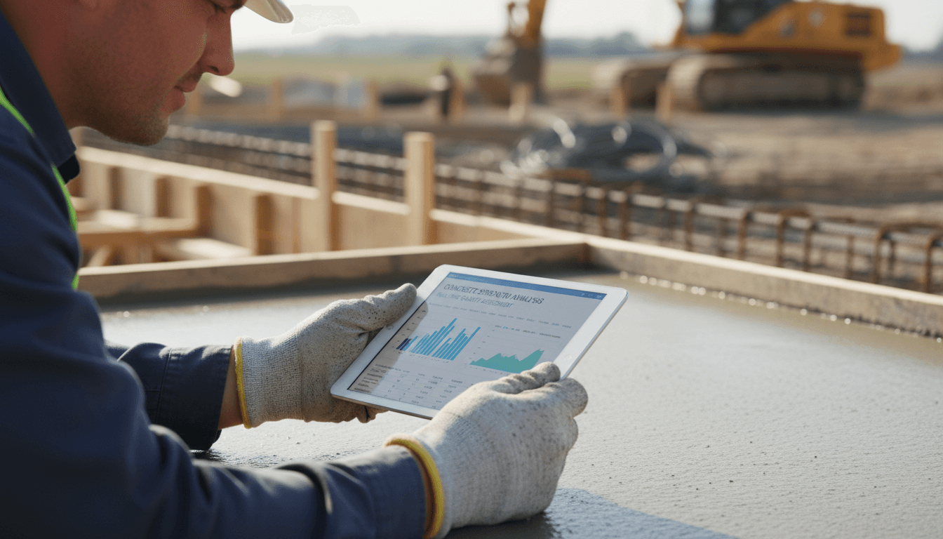 Construction worker reviewing building plans on a tablet at a residential site