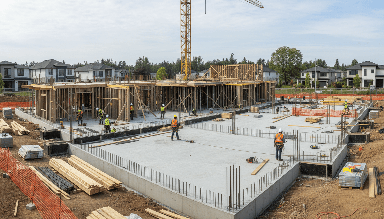 New house foundation under construction with brick walls rising